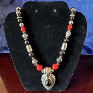 Black, Red, and Silver Pendant Boho Necklace